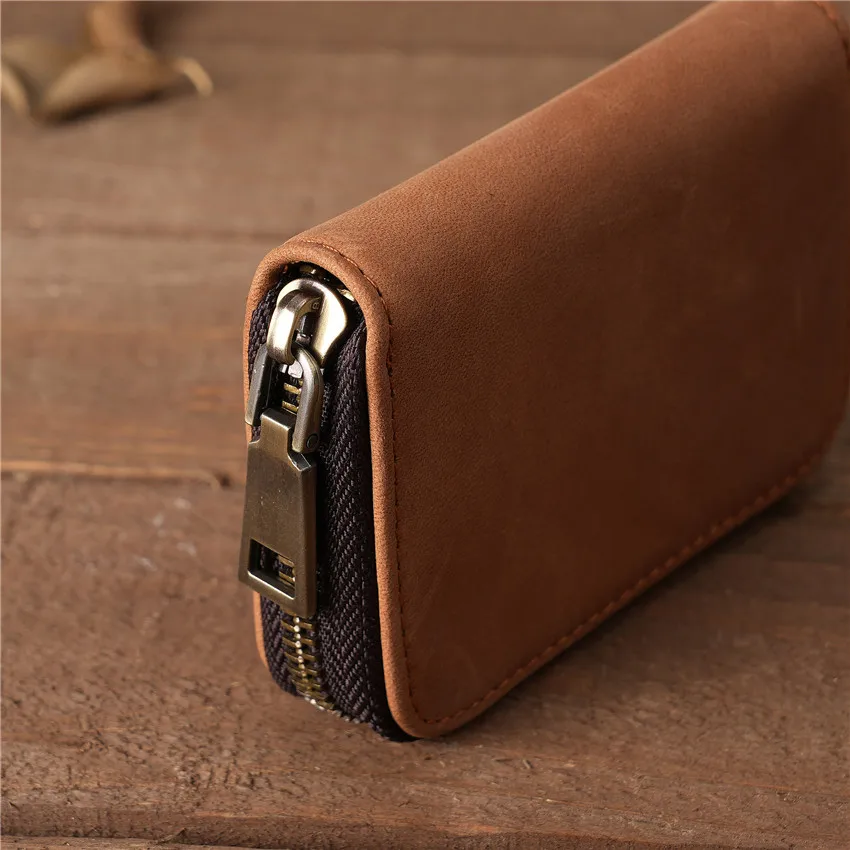 Vintege Casual Genuine Leather Wallet Card Holder Purse Cowhide Crazy Horse Brown Deep Brown Zipper Coin Bag Clip