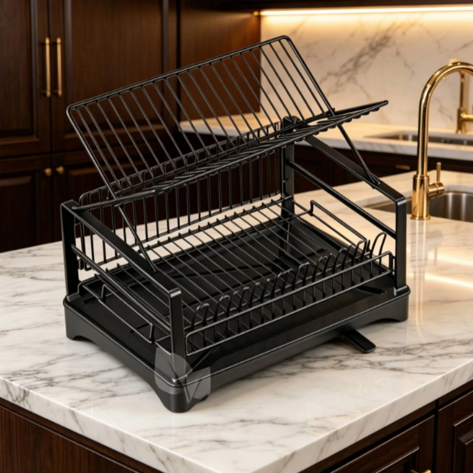 Dish Drying Rack with Water-Catch Tray Compact 2-Tier Dish Rack Rust-Resistant Multifunctional for Rv Kitchen