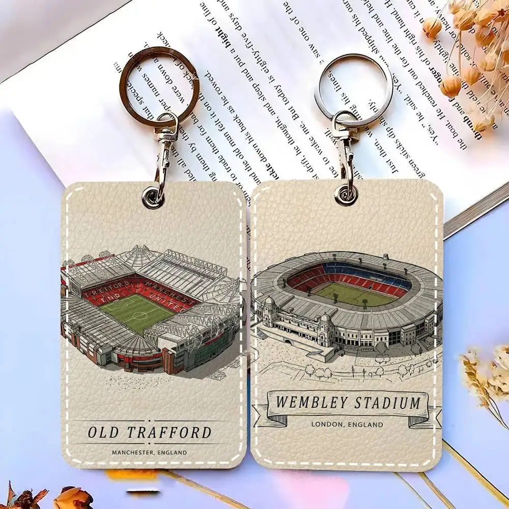 1pc Retro Sports Venue Card Case Keychain Access Card Bag Key Tag Ring Leather Card Holder Key Ring Access