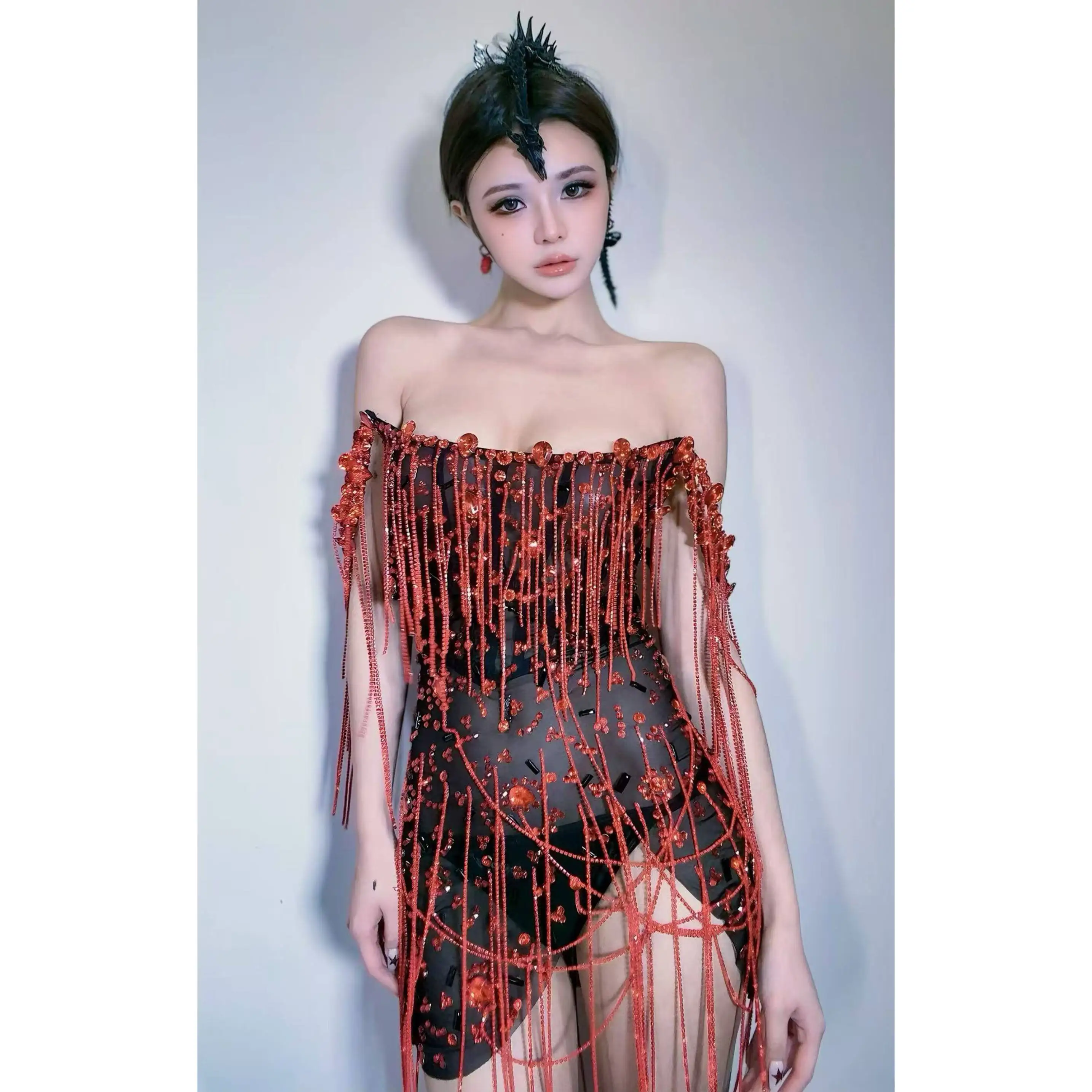 2025 Party Dress seksowna diamentowa siateczka sukienka z frędzlami klub nocny Bar Dj Fringe kostiumy na występy Gogo tancerz strój sceniczny DN20028