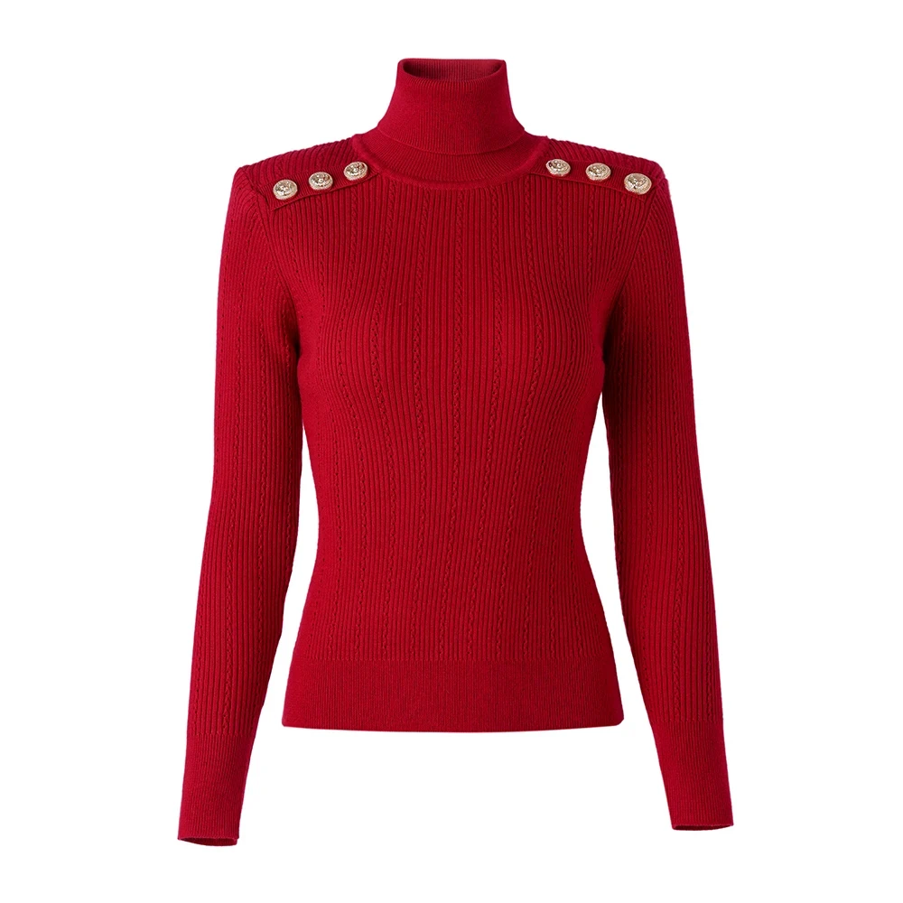 

Classic Design Fall Winter Wool Blend Turtle Neck Warm Thick Knitting New Year Pullovers Red Sweater Tops with Shoulder Pads