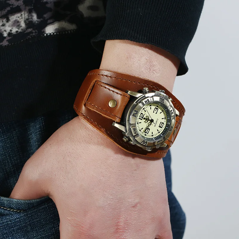 Retro Genuine Leather Strap Men's Cuff Watch