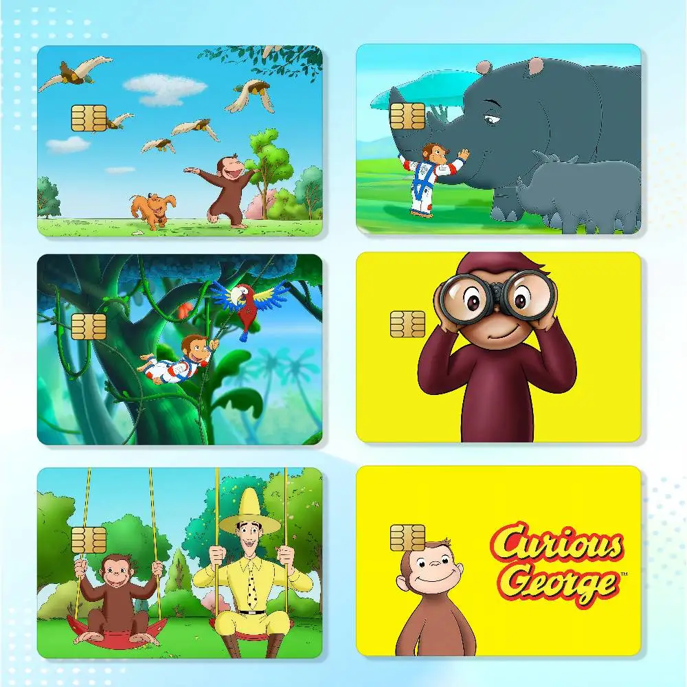 Curious George Cartoon Credit Skin Cover Card Stickers 4PCS Film Bus Pass Front Decoration Bank Debit Waterproof