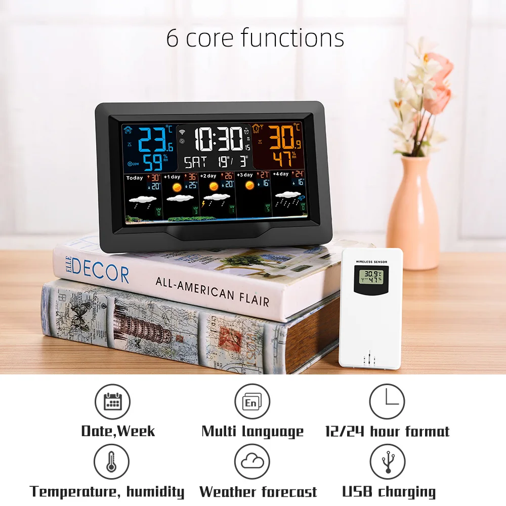 WIFI Weather Station Thermometer Hygrometer TUYA Alarm Digital Clock Wall Indoor Outdoor 5 Days Forecast Table Watch Home Tools