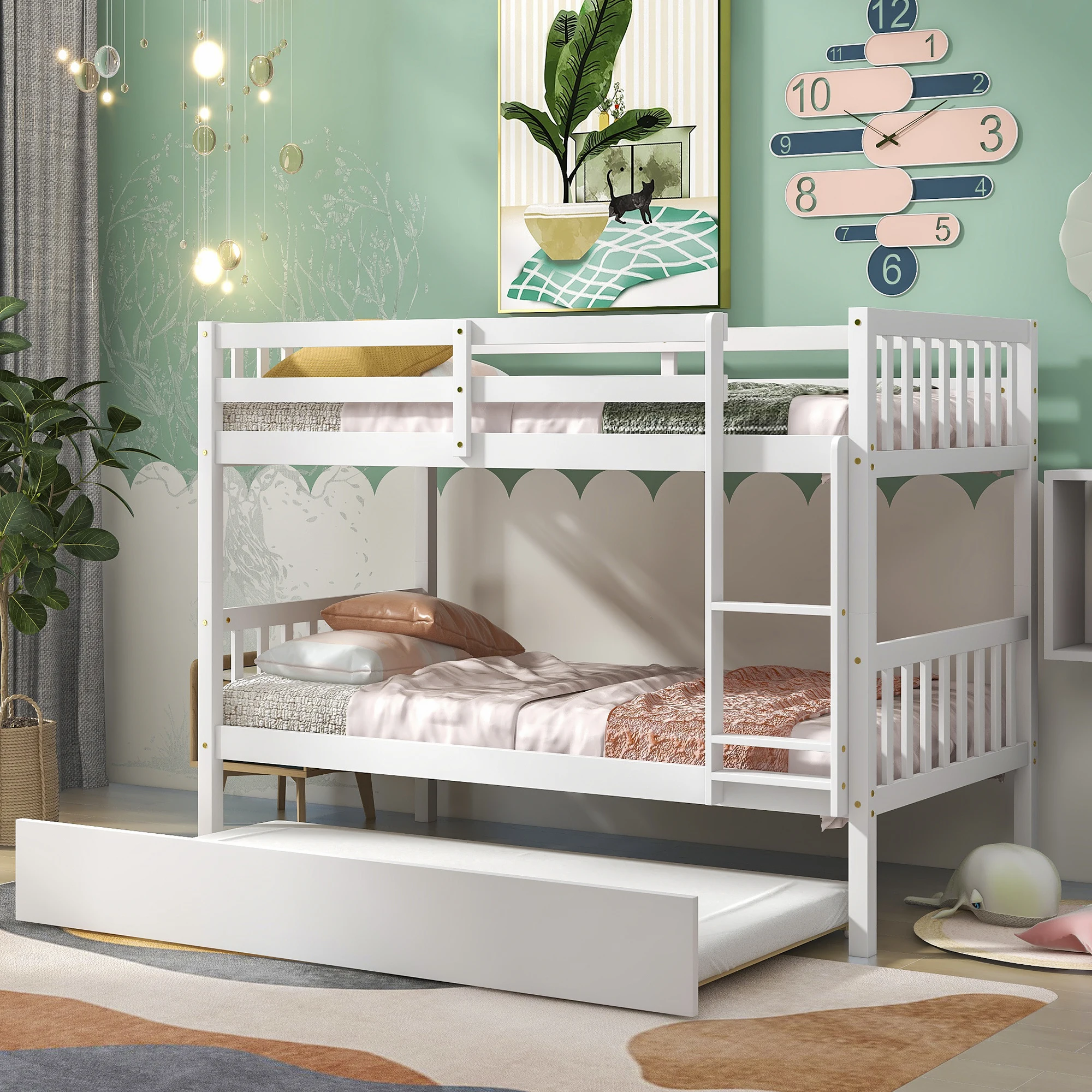 Twin Over Twin Bunk Beds with Trundle, Solid Wood Trundle Bed Frame with Safety Rail and Ladder, Kids/Teens Bedroom, Guest Room