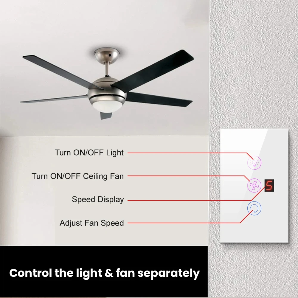 Miucda-Tuyaスマートファンライトスイッチ,wifi,米国,EU標準,給湯器タッチ,AlexaおよびGoogleHome用の3 in 1スイッチアプリ