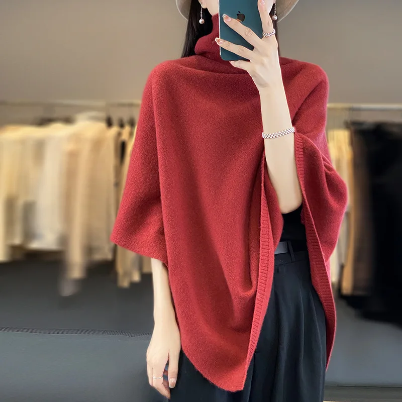 100%Wool Turtleneck Poncho Pullover Shawls Women Knitted Irregular Cloak Fashion Soft Warm Wollen Bat Sleeve Loose Thin Coat