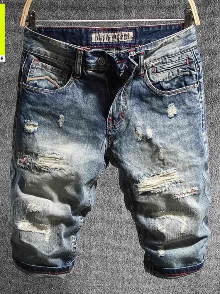 Été nouvelle tendance de la mode américain rétro jambe droite trou Denim Shorts hommes décontracté ample confortable sport haute qualité jean
