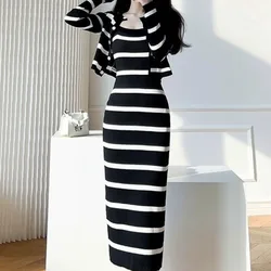 Summer New Korean Women's Commute Round Neck Long Sleeved Knitted Tops Camis Patchwork Striped Slim Straight Dress Two Piece Set