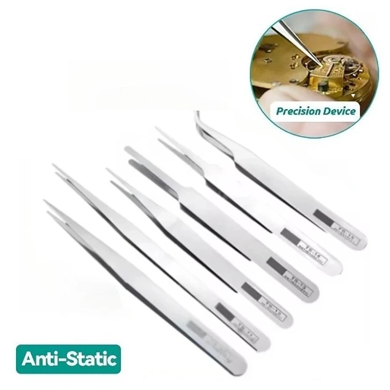 Ensemble de pincettes antistatiques en acier inoxydable, pincettes de précision droites et courbées pour l'électronique, bijoux, modèle de réparation DIY, 6 pièces