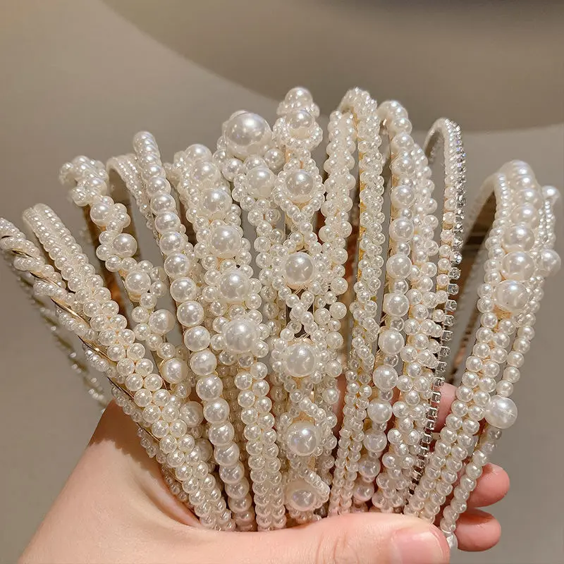 Diademas coreanas de perlas de imitación blancas para mujer, elegantes y dulces, elásticas, hechas a mano, con lazo, aros para el cabello con flores, diadema, accesorios para el cabello