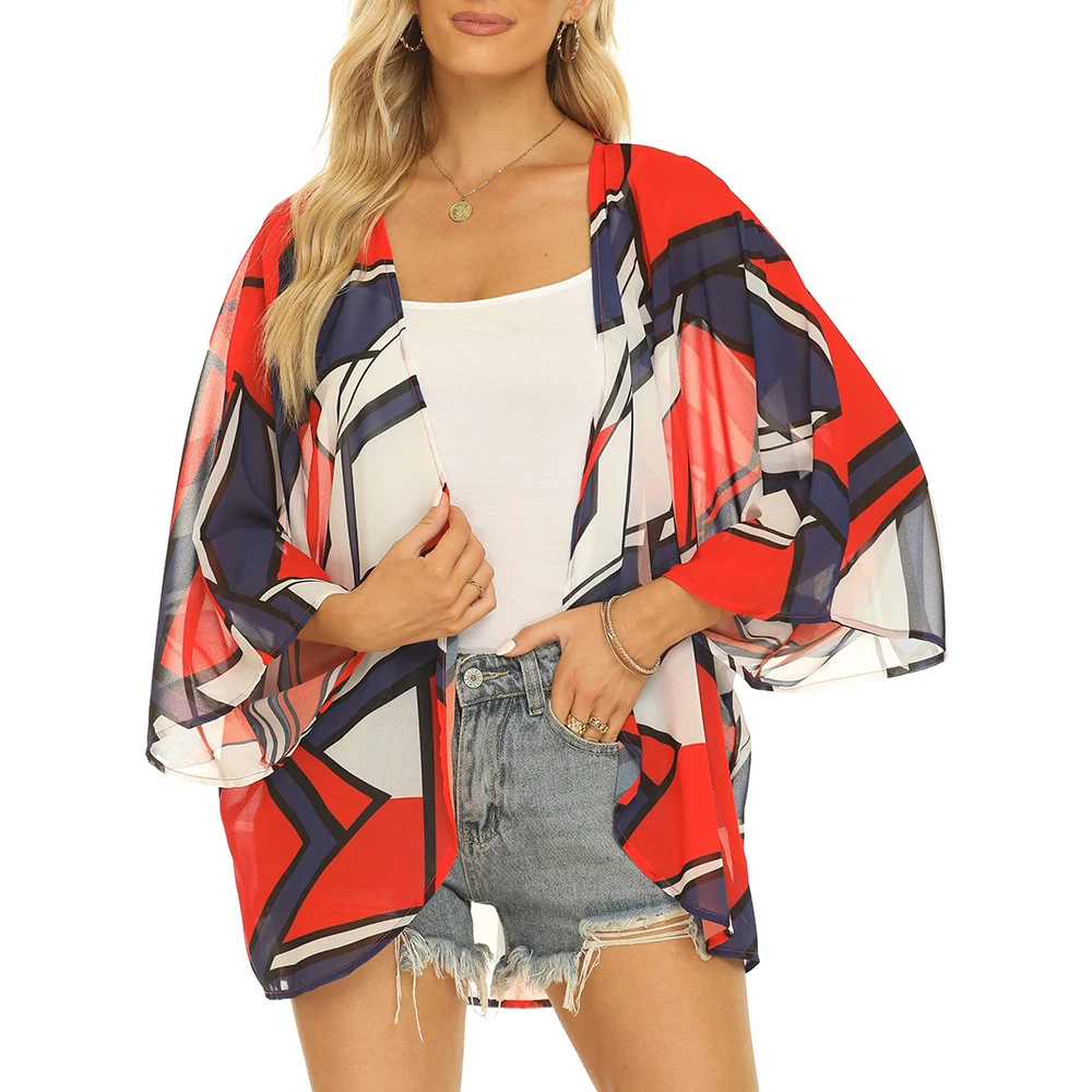 Swimsuit Woman 2023 Boho Printed Kimono Beach Cover Up Fashionable Summer Front Chiffon Cardigan Loose Short Sleeve Shawl Capes