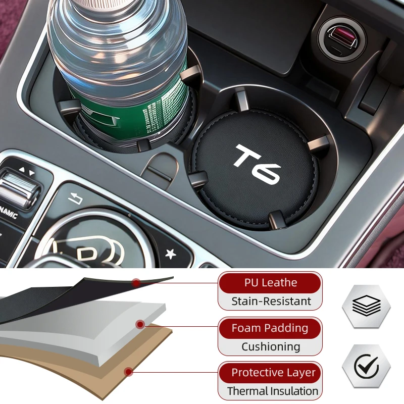 Rattle-Free Car Cup Coaster Leather Console Water Cup Pad For Volvo T6 S80 S90 V40 V50 V60 V70 V90 XC40 XC60 XC70 XC90