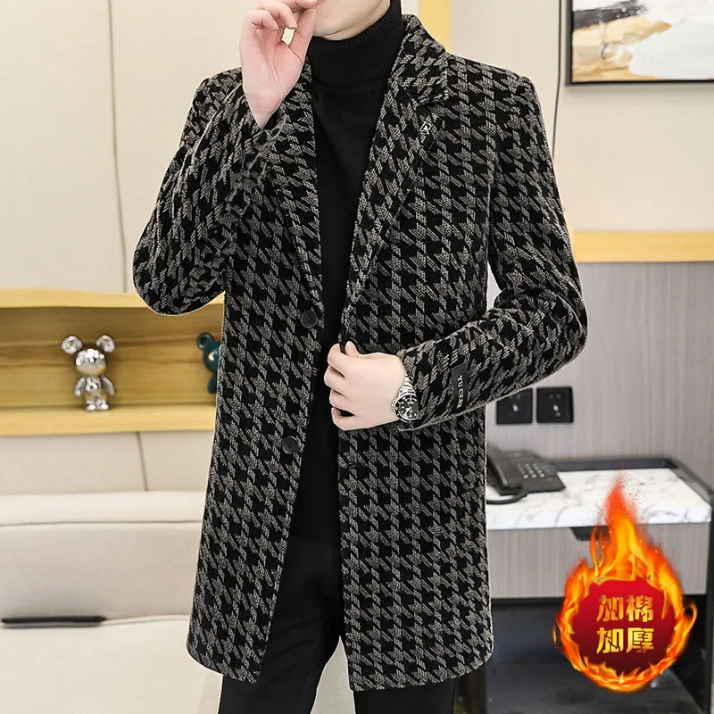 2022 Winter Long Wool Blends Jacket Men Fashion Plaid Casual Business Trench Coat Thicken Warm Slim Social Overcoat Men Clothing