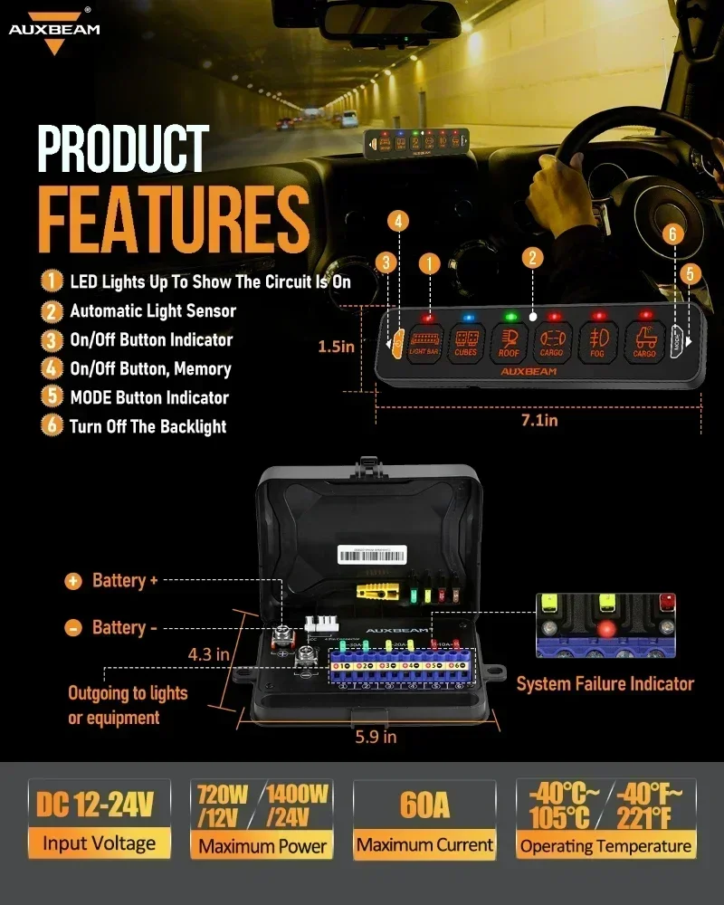 AUXBEAM 4 GANG / 6 GANG SLIM SWITCH PANEL RGB Backlight TOGGLE/ MOMENTARY/ PULSED MODE SUPPORTED Car Lights Control AS SERIES