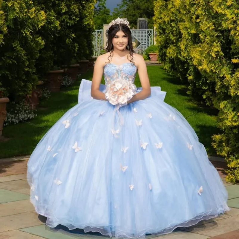 

Light Blue Quinceanera Dresses Off the Shoulder Crystal Glitter Butterfly Decal Long tail Bow Vestido De 15 Quinceanera Customiz