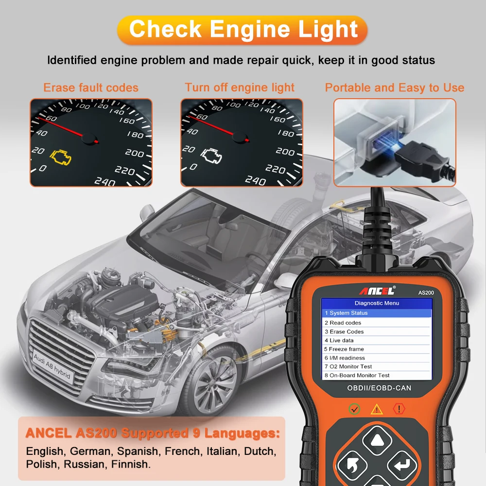 ANCEL AS200 OBD2 Scanner Diagnostic Tools Check Engine Transmission Cranking Erase Codes DTC Lookup for All 12V OBD2 16pin Car