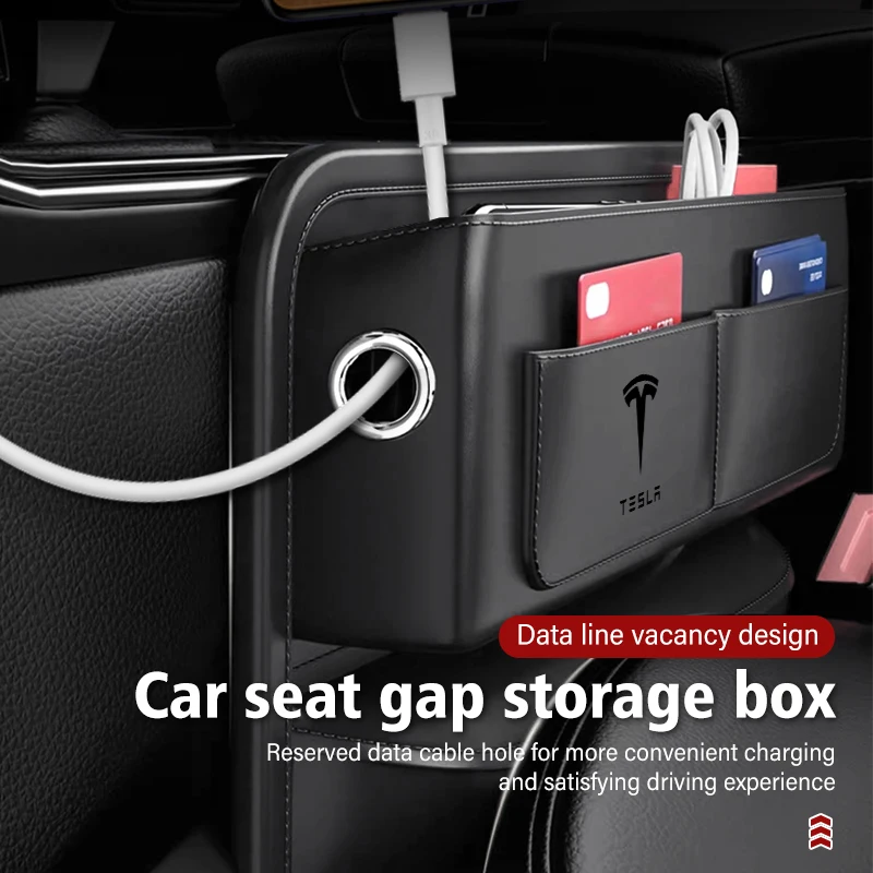 Car Seat Side Storage Leather Three Mouted Pocket Gap Filler For Tesla Model 3 Y S X Roadster Bonina Coil