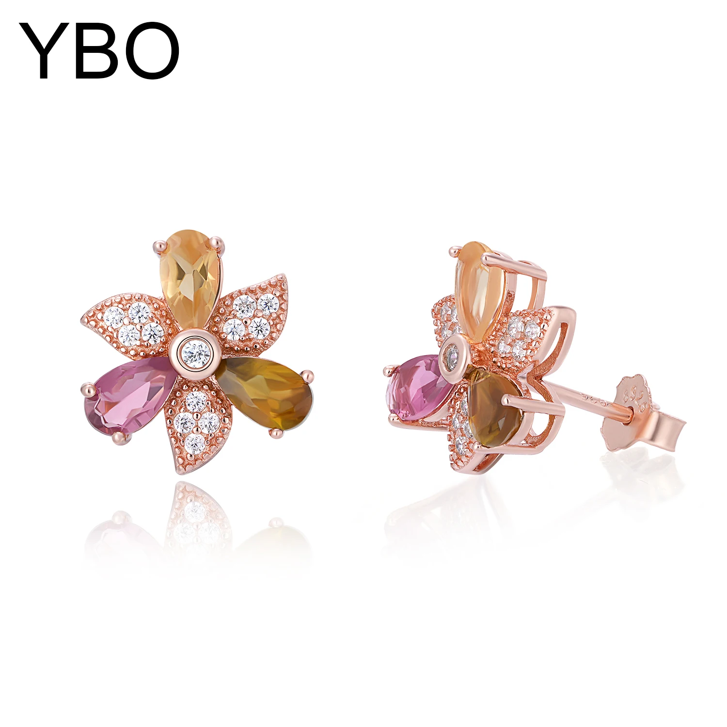 

YBO Fashion Women Stud Earrings Rose Gold Plated 925 Sterling Silver Jewelry Natural Tourmaline Stones Flower Leaf Ear Rings