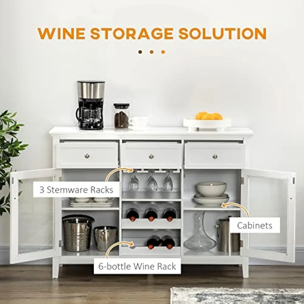 Coffee Bar Cabinet with 3 Drawers, 6-Bottle Wine Rack, Stemware Racks, Glass Door, Sideboard Buffet Cabinet, Wine Cabinet, White