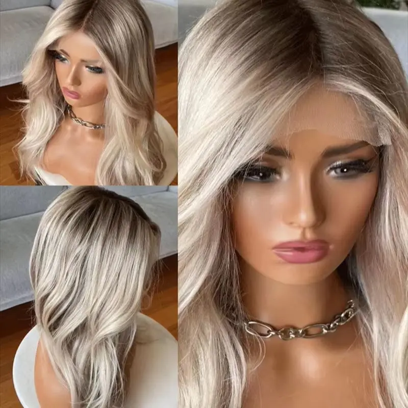 

Light Blonde Lace Front Wig Long Wavy 13x4 Synthetic Blonde Ombre Root Hair Realistic Hairline Look 150 Density High Heat Fibre