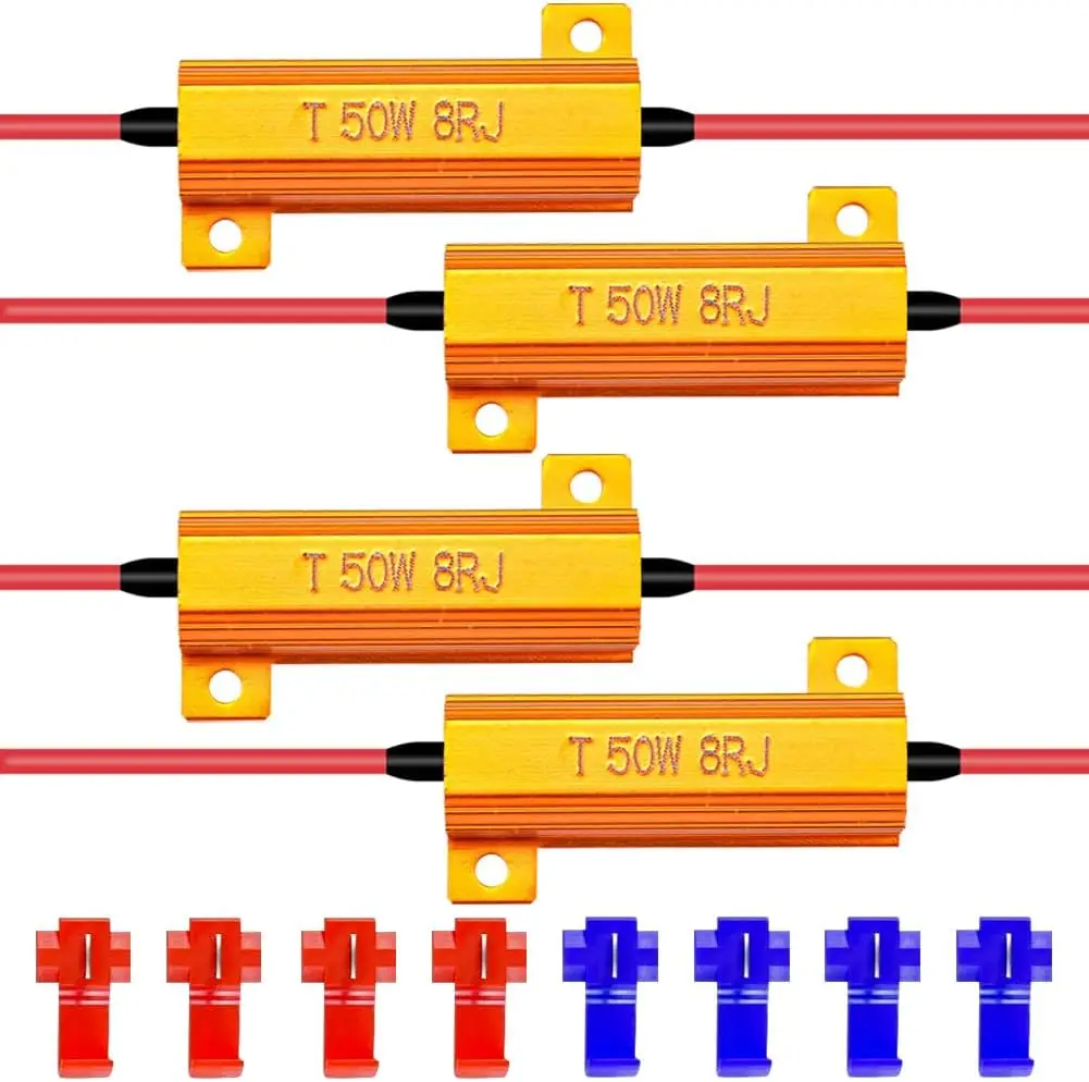 4pcs 50W 8ohm LED Load Resistors for Signal Lights or License Plate Lights or DRL - Fix Hyper Flash, with 8pcs Quick Wire Clip