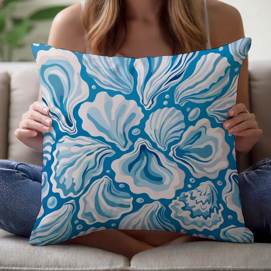 Decorative Blue Coastal Ocean Wave Print Pillow Cover Case Nautical Beach Shell Cushion Accent