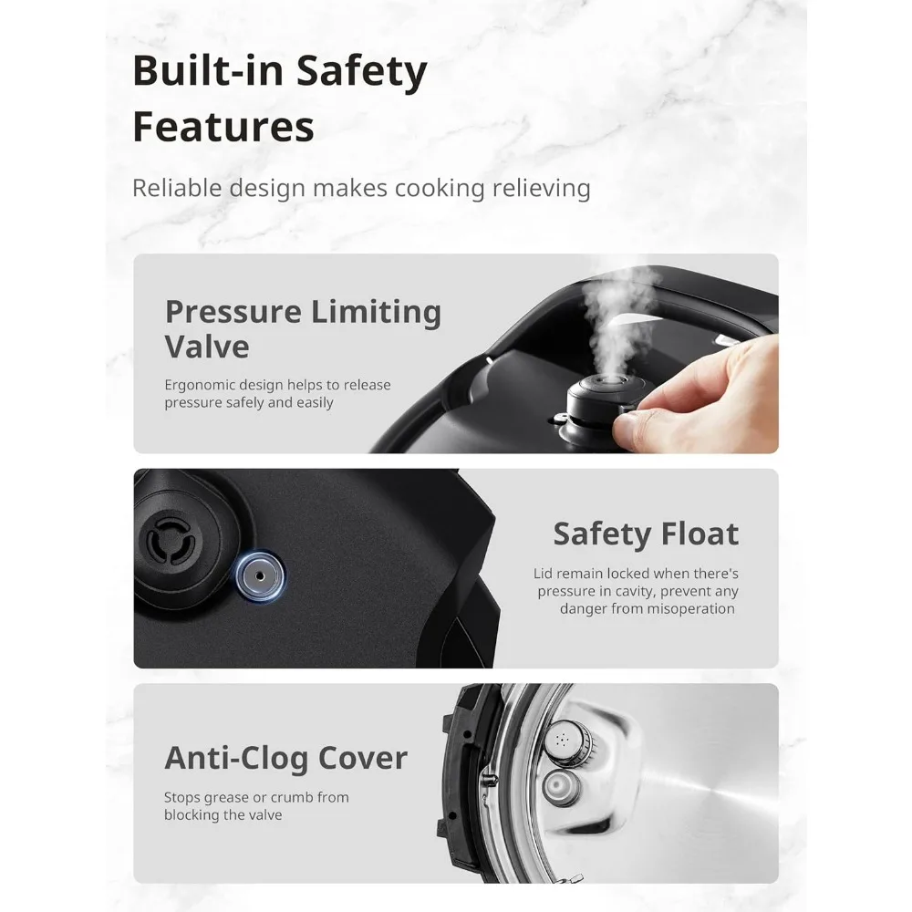 9-in-1 Electric Pressure Cooker, 14 Presets Instant Multi Cooker Non-Stick Slow Cooker Sauté Steamer 6 Quarts Black