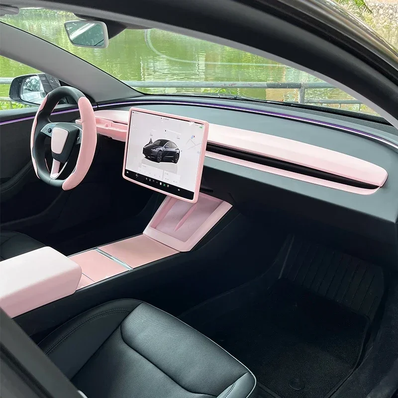 Rosa Innenraum für Tesla Model 3, Highland Mittelkonsole, Aufbewahrungsbox, Aufkleber, Lenkrad, hintere Bildschirmabdeckung, Displayschutzfolie