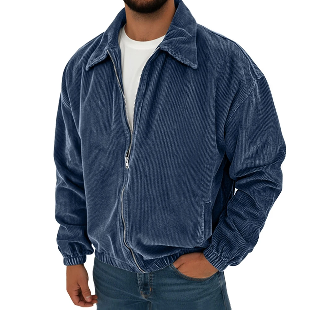 Women's Corduroy Jacket Solid Color Loose for Fit Round Neck Zipper Design for Summer Beach Holiday Outdoor and Fitness