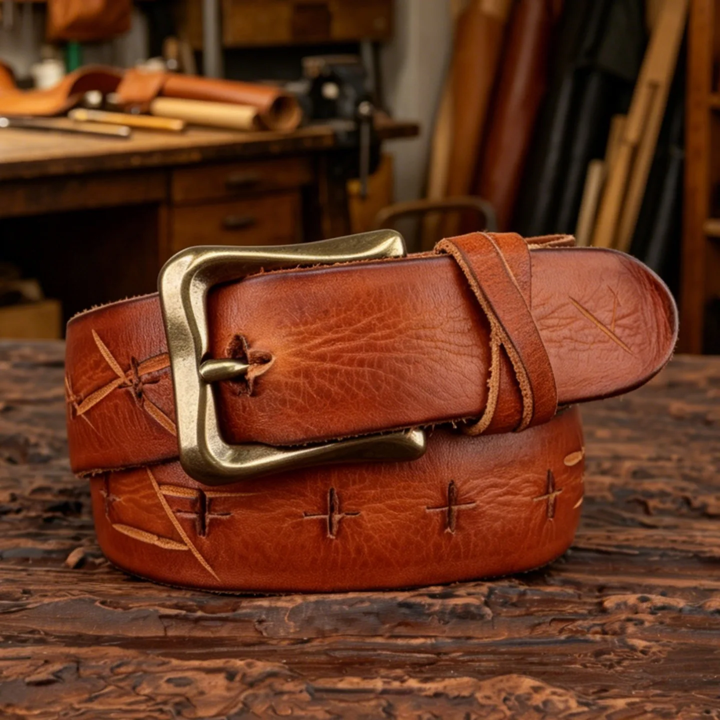 3.3cm New Retro Handmade Cowhide Men's Belt,Neutral Pure Genuine Leather Waist Belt, Women's Personality Design Brass Belt