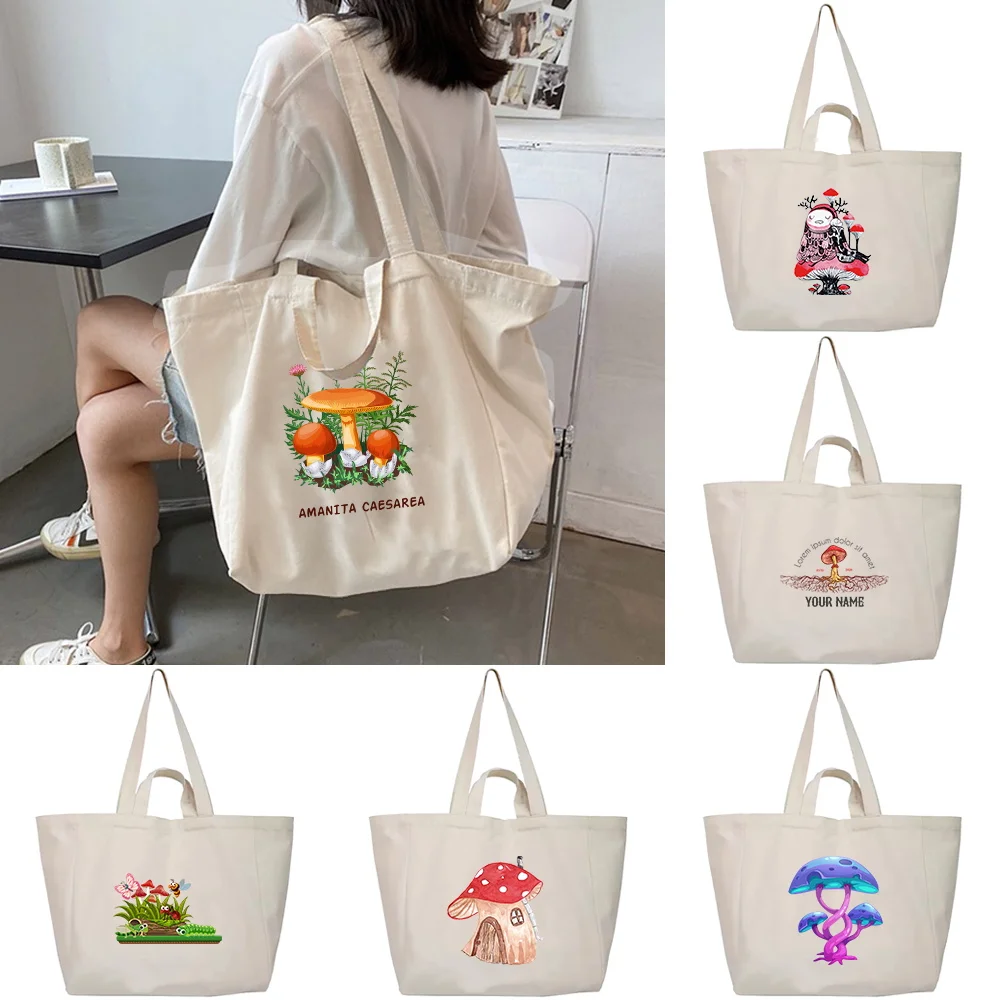 Portable Storage Pouch Casual Canvas Handbag Women Travel Shopping Bags 2026 Shoulder Bag Korean Version Harajuku Mushroom Print