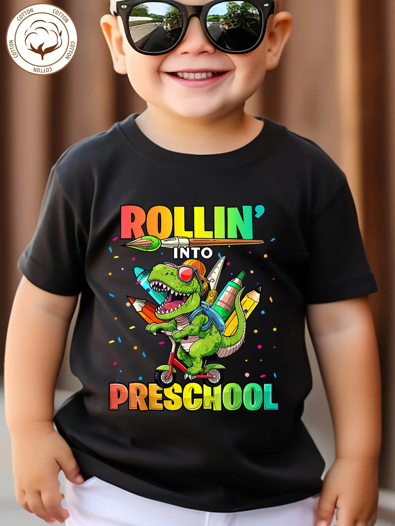 Boys‑Dinosaur‑Pencil‑Vibrant‑Letter‑Print‑Soft‑Crew‑Neck‑Short‑Sleeve‑Versatile‑Kids‑T‑Shirt