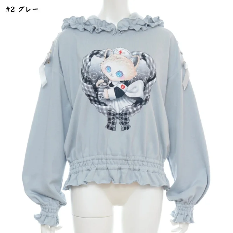 Japanese Style Sweet Casual Cute Cartoon Cat Print Bow Long Sleeve Ruffles Patchwork Casual Hoodies Sweatshirts Top Women Autumn