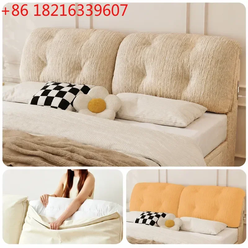 YAO Tongyu Cream Style Double Bed Cloud Chenille Fabric Bed with Removable Washable Cover and Translational Storage for Master