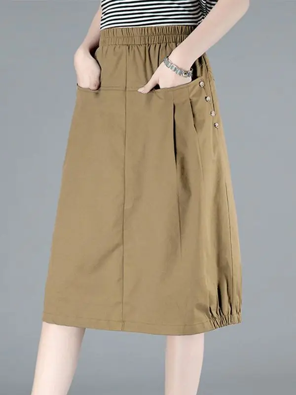Pure Cotton High Waist Midi Skirt Women's Spring 2026 New Style Loose A-Line Skirt Elastic Waist Slimming Casual Skirt