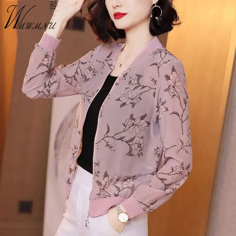 

Korean Fashion Print Chiffon Jacket Pink Lightweight Bomber Outerwear Women Loose Oversize Summer Chaqueta Sun Protection Tops