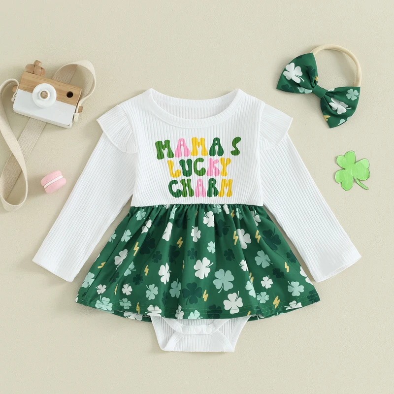 

St Patrick s Day Toddler Girl 2 Piece Outfit Long Sleeve Shamrock Print Romper Dress Green Bow Headband Set with Clover