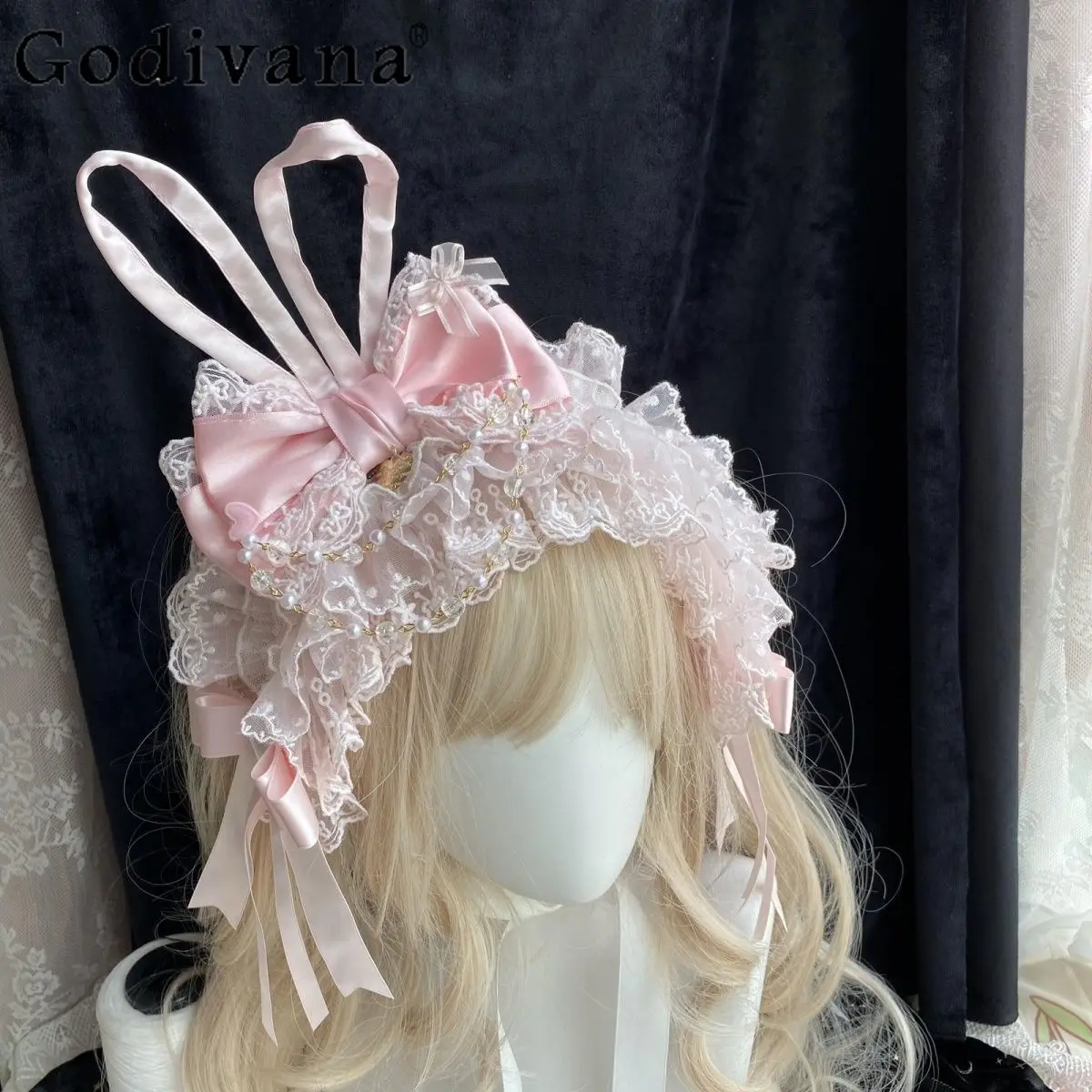 

Japanese Original Rabbit Ear Lolita Headband Pink Lace Trim Bow Hair Accessory Sweet Cute Girl Hair Ornament