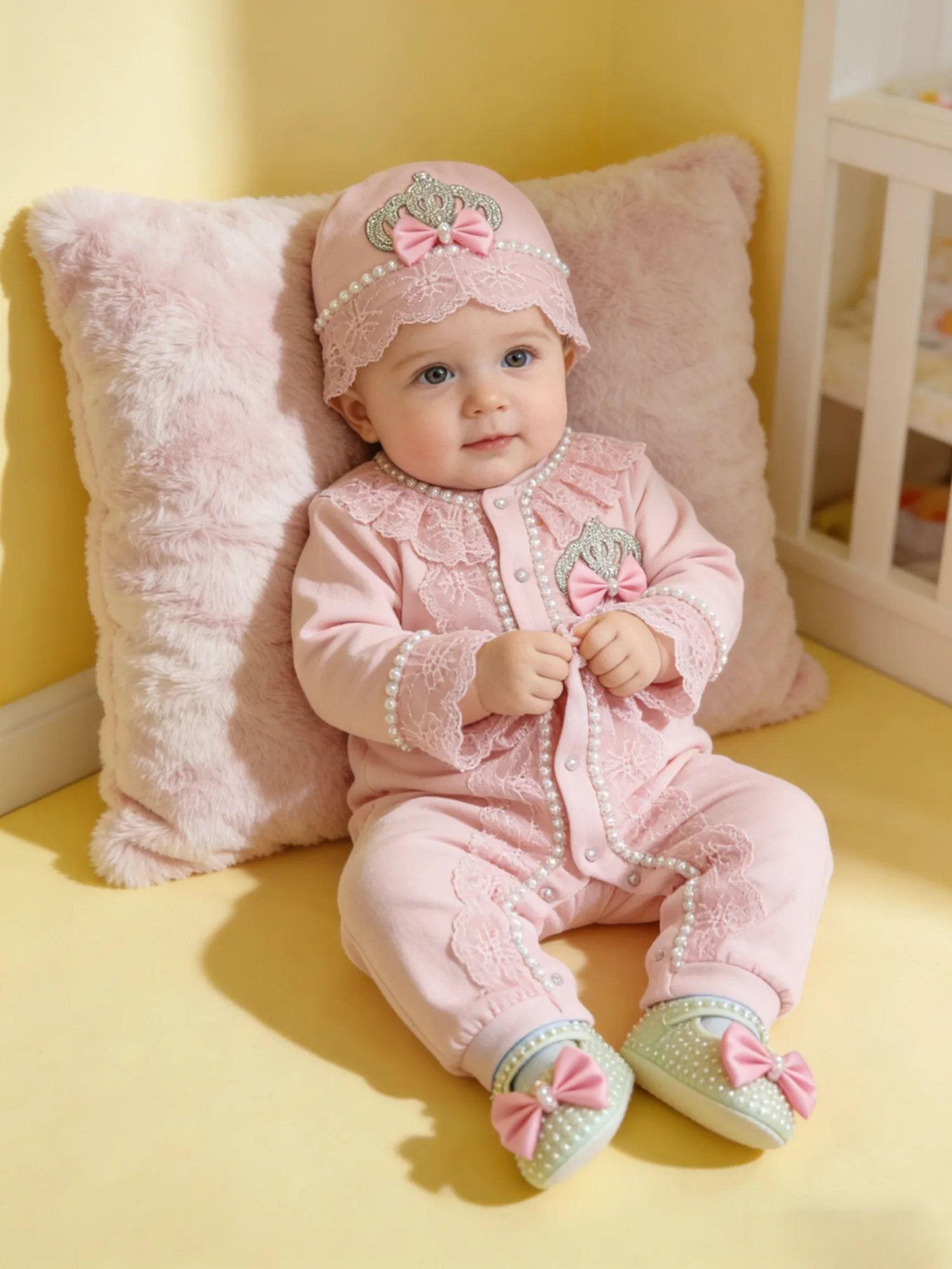 Newborn Pink Pearl & Lace Princess Outfit - Full Set for Baby Girl, Baptism, Naming Ceremony, Photoshoot, Baby Shower Gift