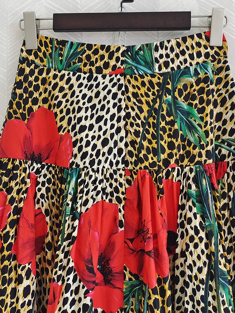 AELESEEN Designer Fashion Women 100% Cotton Skirt 2022 Summer Runway Flower Leopard Printed Elegannt Long Party Holiday Polin