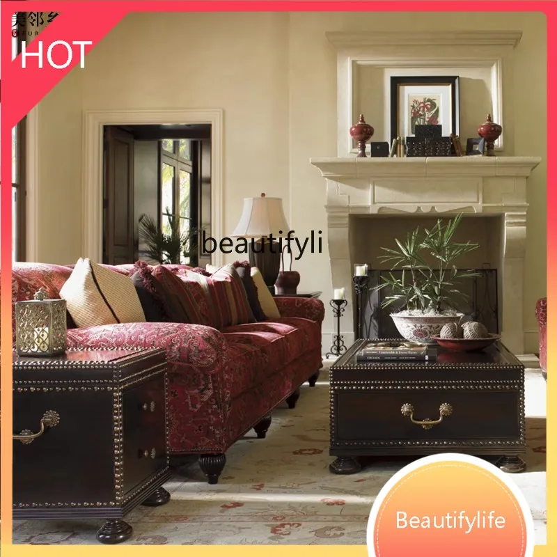 

A16 American-style Modern Solid Wood Coffee Table Living Room Copper Nail Drawer Coffee Table Box-style