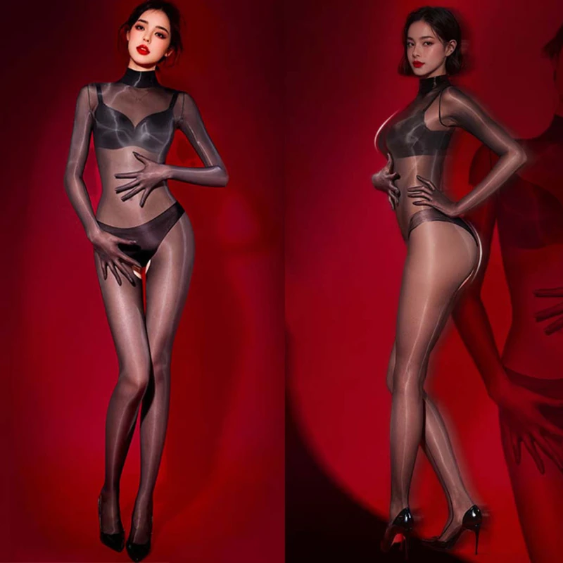 

Men Women Sexy Temptatio Erotic Lingerie Shiny Glossy Bodystocking Crotchless Silky Bodysuit Five Finger Jumpsuit Uniform Fetish
