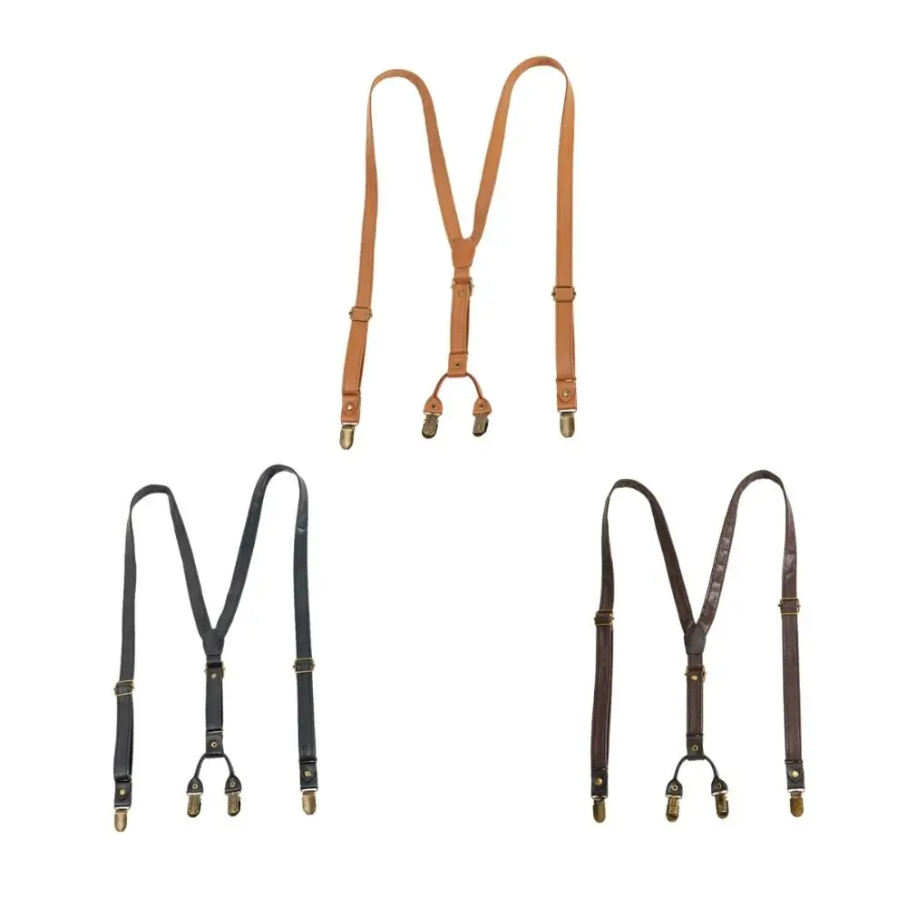 Fashion Suspender hitam pria, Suspender kulit Retro coklat Anti slip gaya Inggris klip Suspender Pria