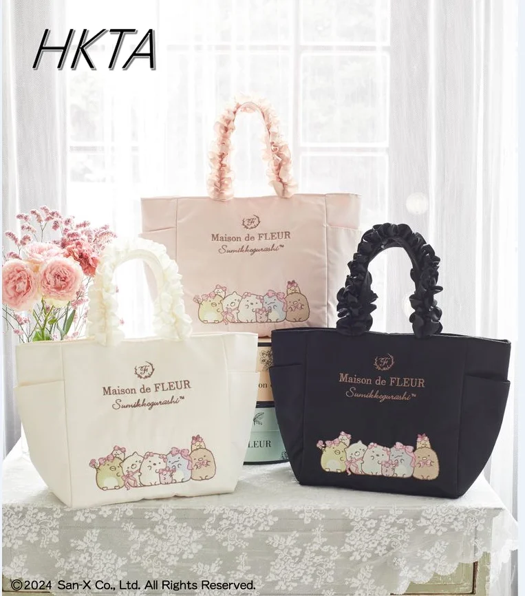 Japanese Canvas Bag Women Cute Cartoon Creature Satin Embroidered Lace Portable Tote Bag Spring New Pink Bags with Padded Cotton