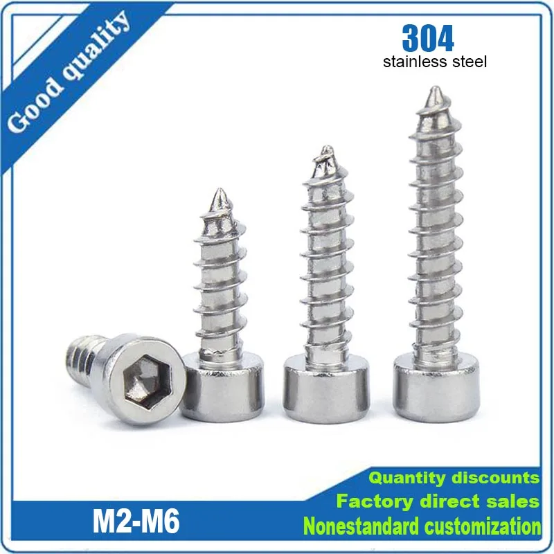 10/20/50/100pcs 304 Stainless Steel Cylinder Head Hex Socket Self Tapping Screw Cup Head Sharp Point Screw M2 M2.5 M3 M4 M5 M6