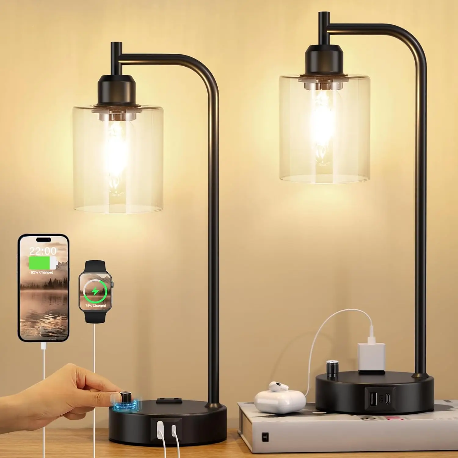 

Set of 2 Dimmable Bedside Lamps with USB-C, USB & Outlet, Black Glass Nightstand Lights for Bedroom, Living Room, Office