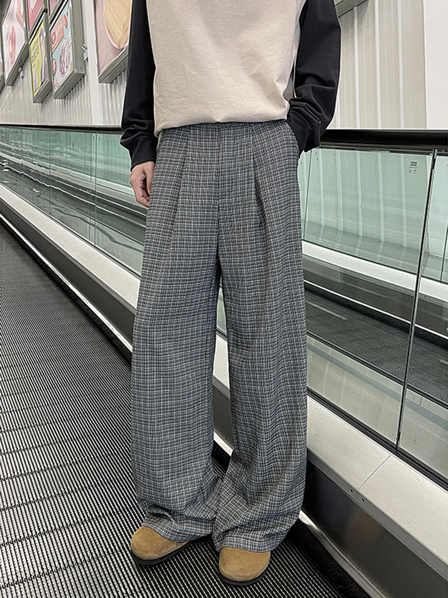 

Laid-ba Plaid Men's Casual Pants Loose Fit Color Blo Hong Kong Sle Summer Faion Trend Drapey Straight Leg Wide Leg