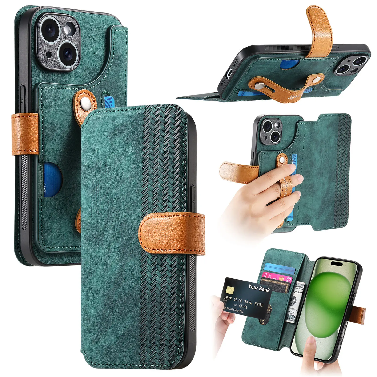 Wristband Wallet Case For Redmi K70E K60 Ultra K50 K40 13C 12C 12 10 10A RFID Blocking Leather 4 Cards Finger Grasp Flip Cover
