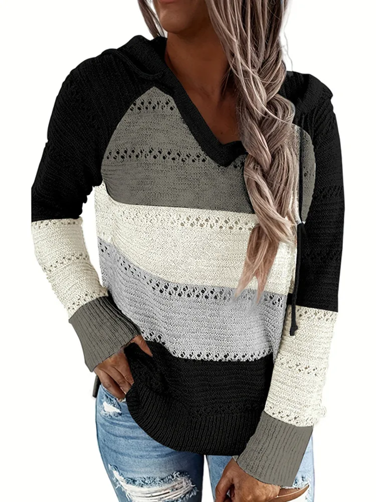 2024 New Hooded Women\'s Sweater Fall Winter V-neck Pullover casual fashion striped sweaters Long Sleeve Tops